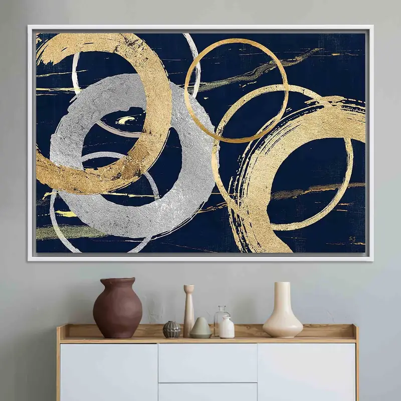 Zeitgenössische bedruckte Leinwandkunst mit goldenen und silbernen Ringen