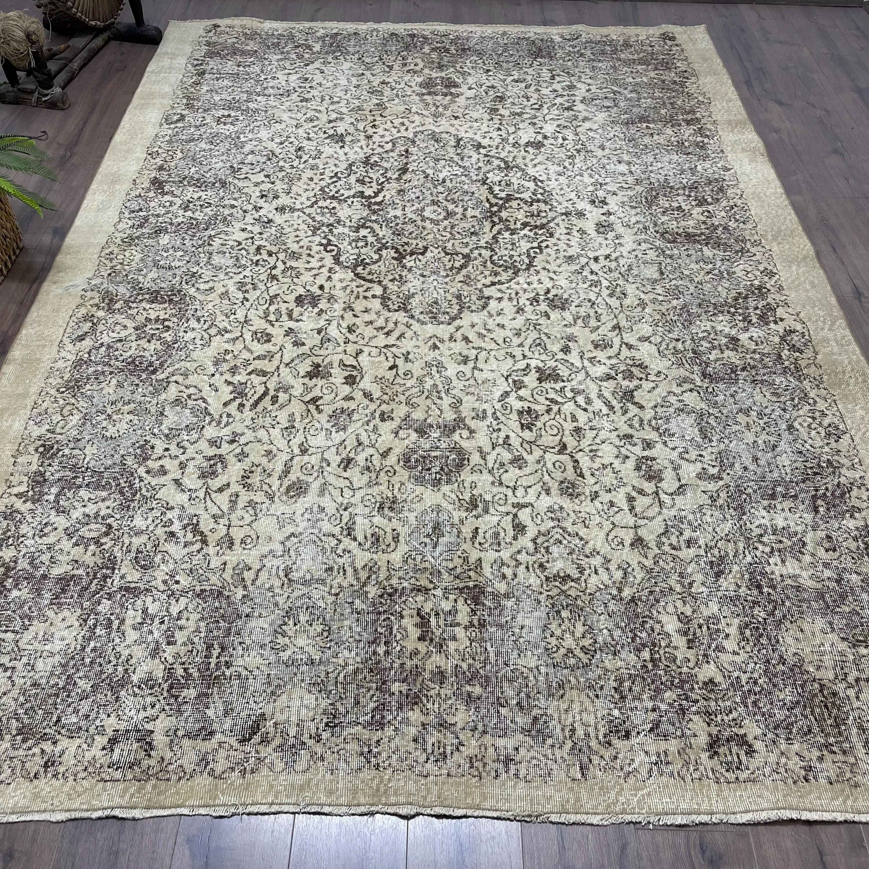 Rug, 7.3x10.7 ft Turkish Rug, Brown Floral Rug Wool - 1
