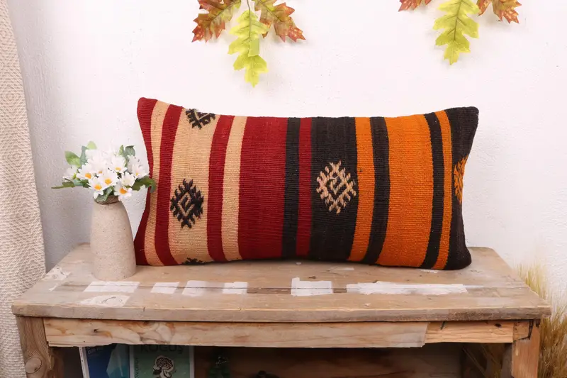 Pillow for Sofa, Rustic Pillow Sham, Accent Throw Pillow Sham, 12x24 Red Cushion, Interior Designer Pillow, Pillow Cover, Ethnical Kilim Rug Pillow - 1