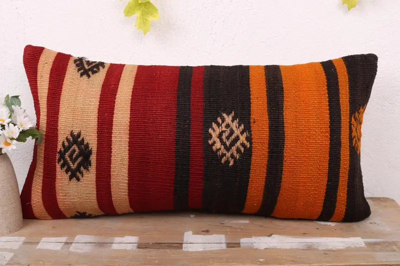 Pillow for Sofa, Rustic Pillow Sham, Accent Throw Pillow Sham, 12x24 Red Cushion, Interior Designer Pillow, Pillow Cover, Ethnical Kilim Rug Pillow - 2