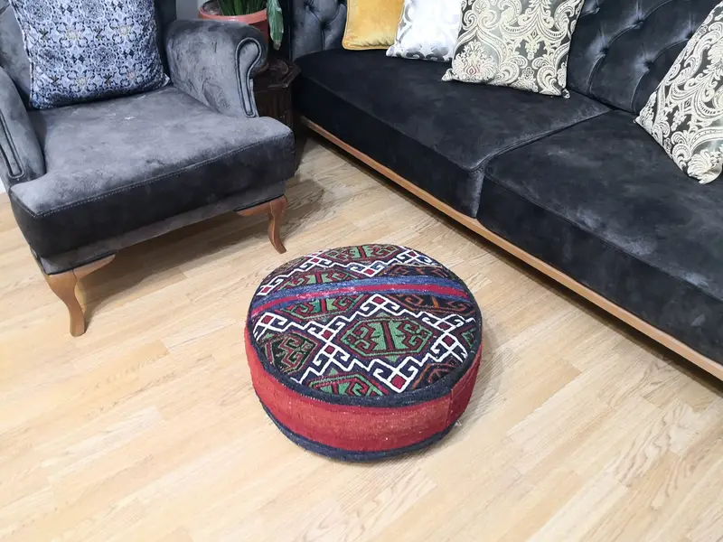 Rectangular Kilim-Inspired Pouf, Red & Green Wool Pouf
