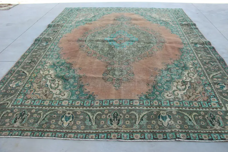 Vintage Türk Büyük Boy Halı 9.5x12.1 ft (290x369 cm), Mavi Ombré Oushak Halı - 1