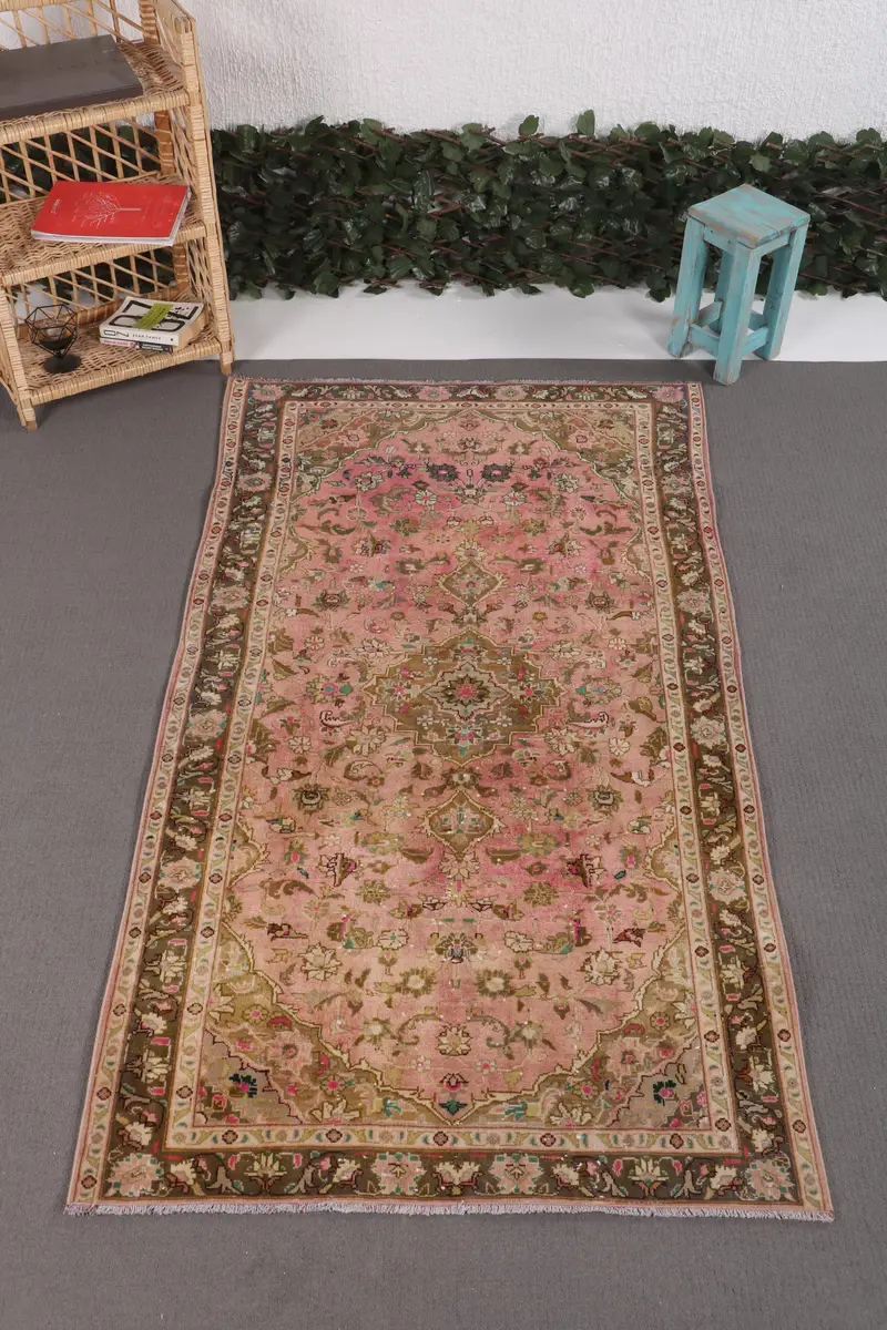 Vintage Turkish Oushak Rug 3.5x6.4 ft (108x194 cm), Green Geometric Wool Rug - 1