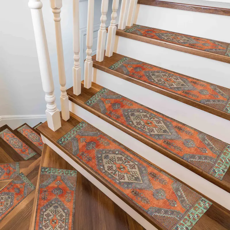 Muted Medallion Stair Rug, Bohemian Faded Oushak Printed Design