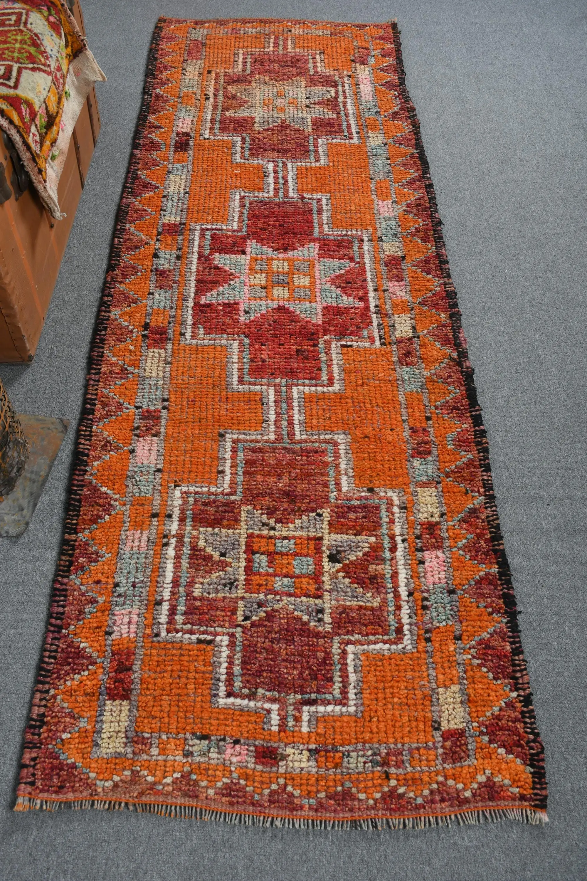 2.8x8.7 ft Vintage Runner Rug, Orange Red Turkish Floral Wool Rug - 1