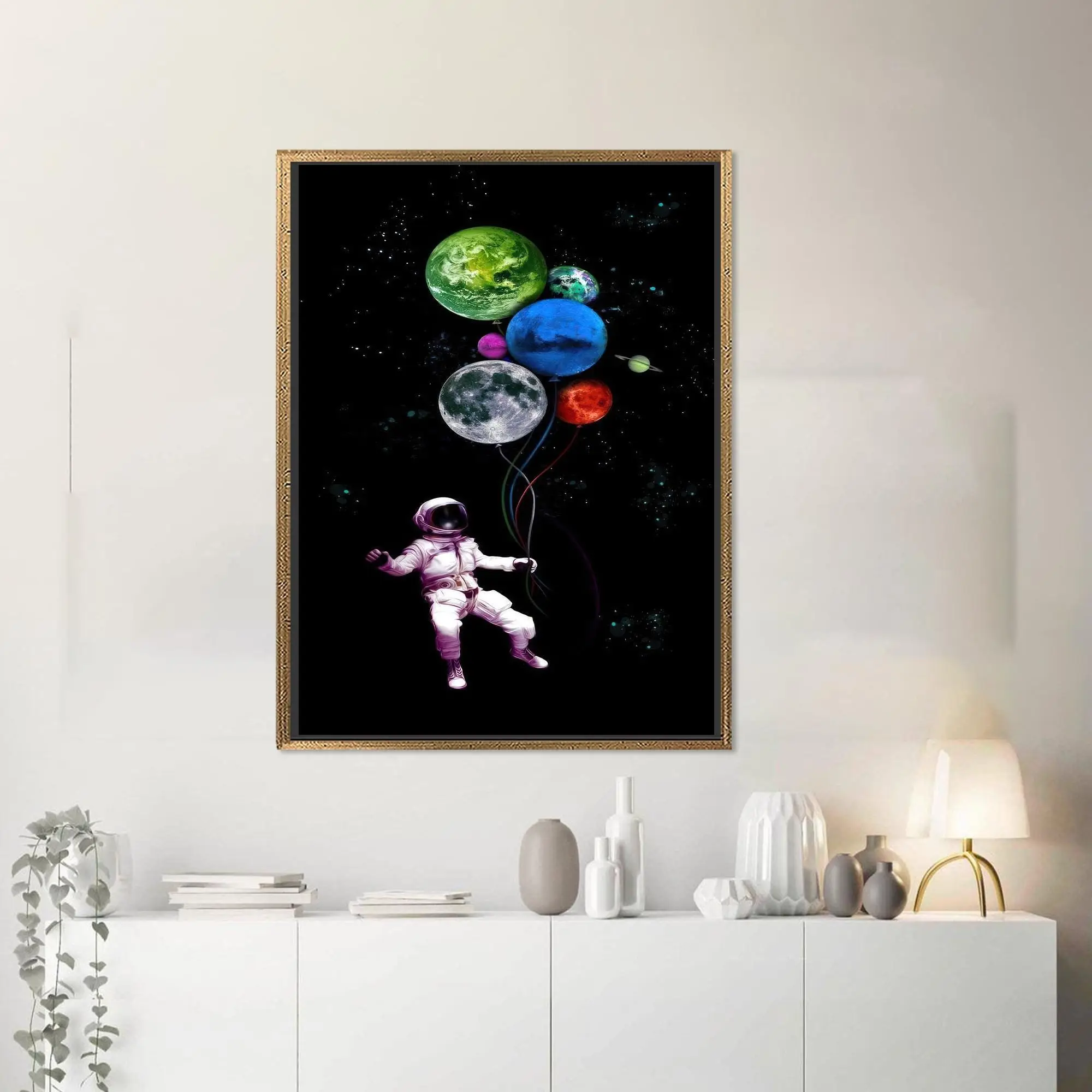 Modern Space Canvas: Astronaut, Planet Balloon, Moon & Earth Print - 1