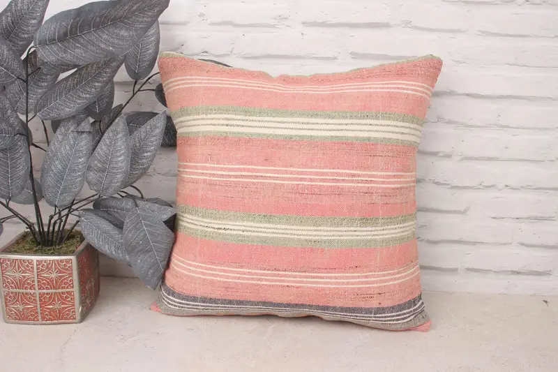 18x18 Pink Cushion, Pillow Case, Bright Cushion Case, Vintage Kilim Pillow, Turkish Kilim Pillow, Ethnic Throw Cushion Case, Kilim Pillow Cover - 1
