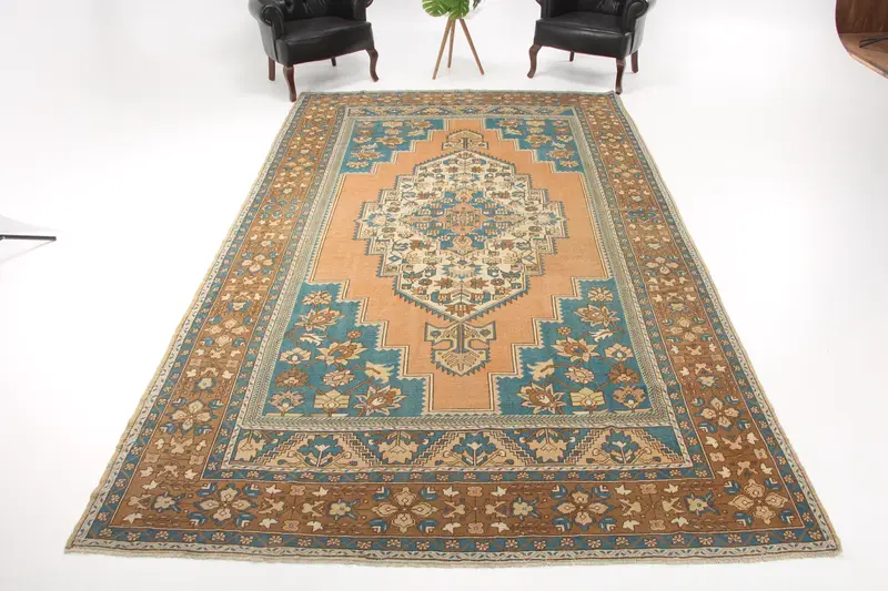 Turkish Vintage Oversize Rug 7.5x12.6 ft, Oushak Brown Wool Rug - 1