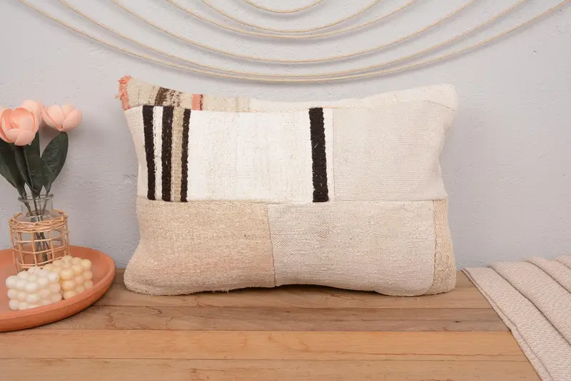16x24 Inch Beige & Brown Patchwork Pillow, Handmade Throw Pillow - 2