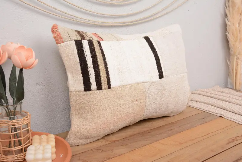 16x24 Inch Beige & Brown Patchwork Pillow, Handmade Throw Pillow - 1