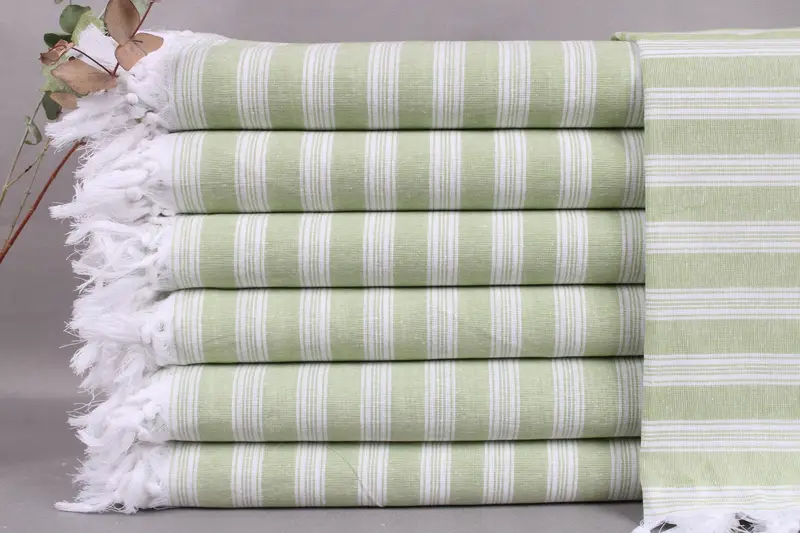 Custom Turkish Beach Towel, Light Khaki Green Striped, 40x71 Inches