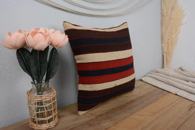 Rot-beige gestreiftes Wurfkissen, 16x16 besticktes Kissen