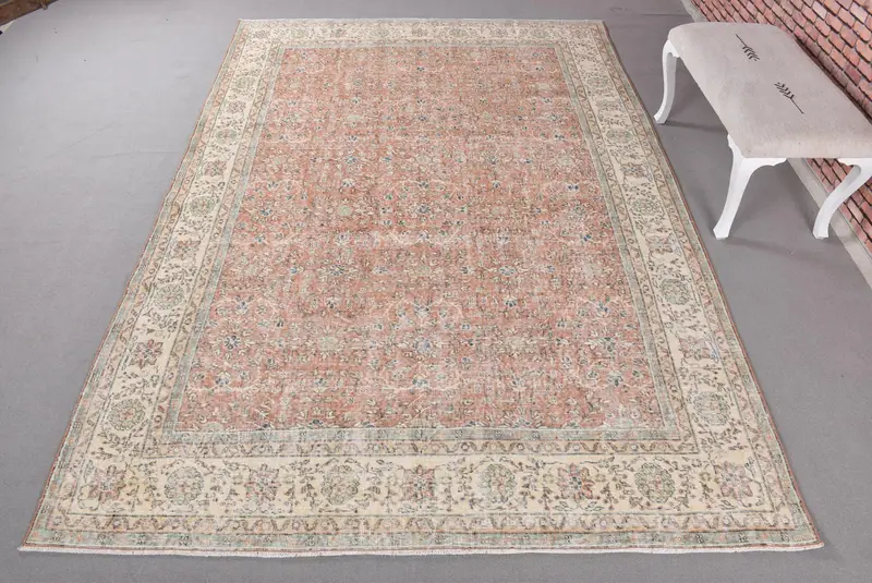 Turuncu ve Bej Kareli Halı, 6,9x10,3 ft Şık Dekor