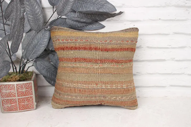 12x12 Beige Pillow Sham, Home Decor Pillow, Handmade Rug Seat Cushion, Turkish Kilim Pillow, Bright Cushion, Throw Kilim Pillow, Cushion - 1