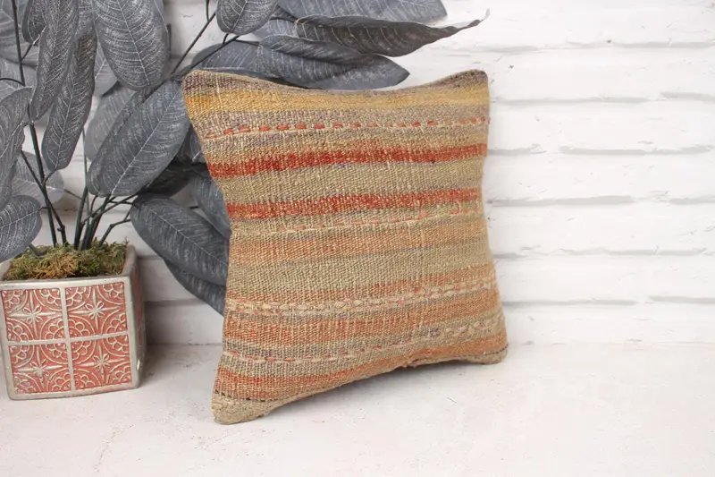 12x12 Beige Pillow Sham, Home Decor Pillow, Handmade Rug Seat Cushion, Turkish Kilim Pillow, Bright Cushion, Throw Kilim Pillow, Cushion - 3
