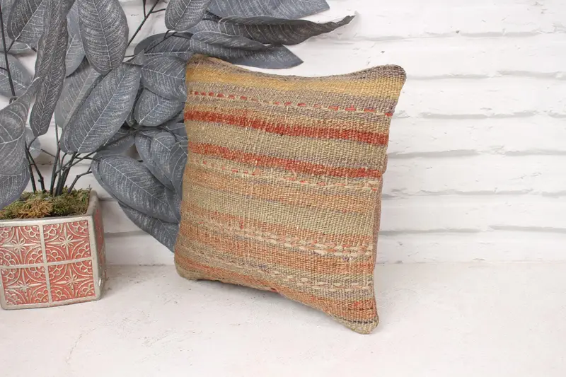 12x12 Beige Pillow Sham, Home Decor Pillow, Handmade Rug Seat Cushion, Turkish Kilim Pillow, Bright Cushion, Throw Kilim Pillow, Cushion - 4