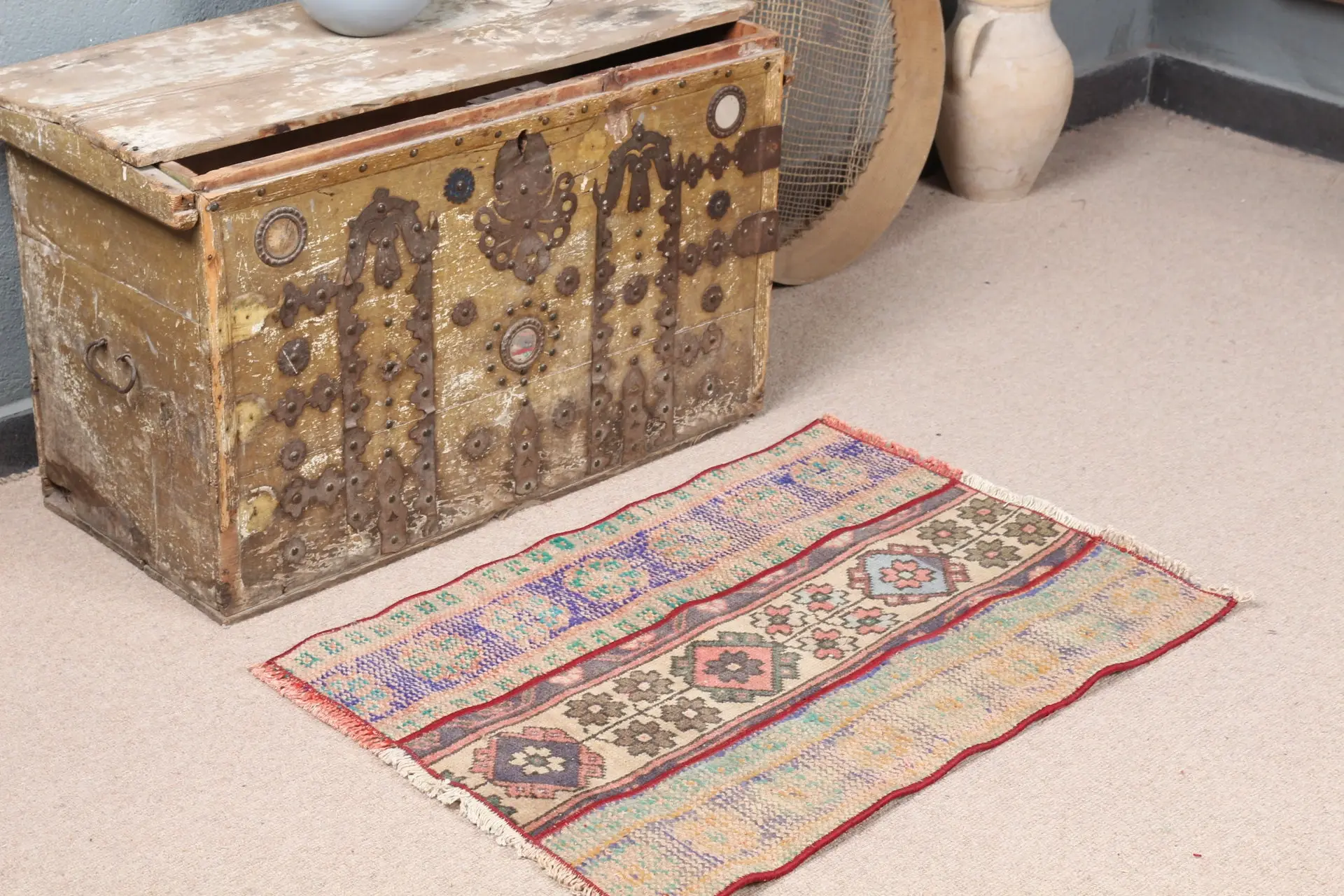 2x2.8 ft Small Turkish Rug, Vintage Rug, Red Blue Plants & trees Wool Rug - 1