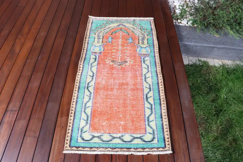 Turkish Vintage Small Rug 2.1x4.4 ft, Oushak Orange Wool Rug - 1