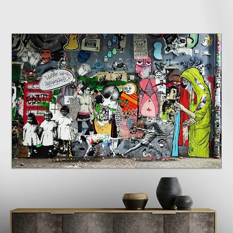 Moderne Graffiti-Leinwand: Trendiger, farbenfroher, von Banksy inspirierter Kunstdruck