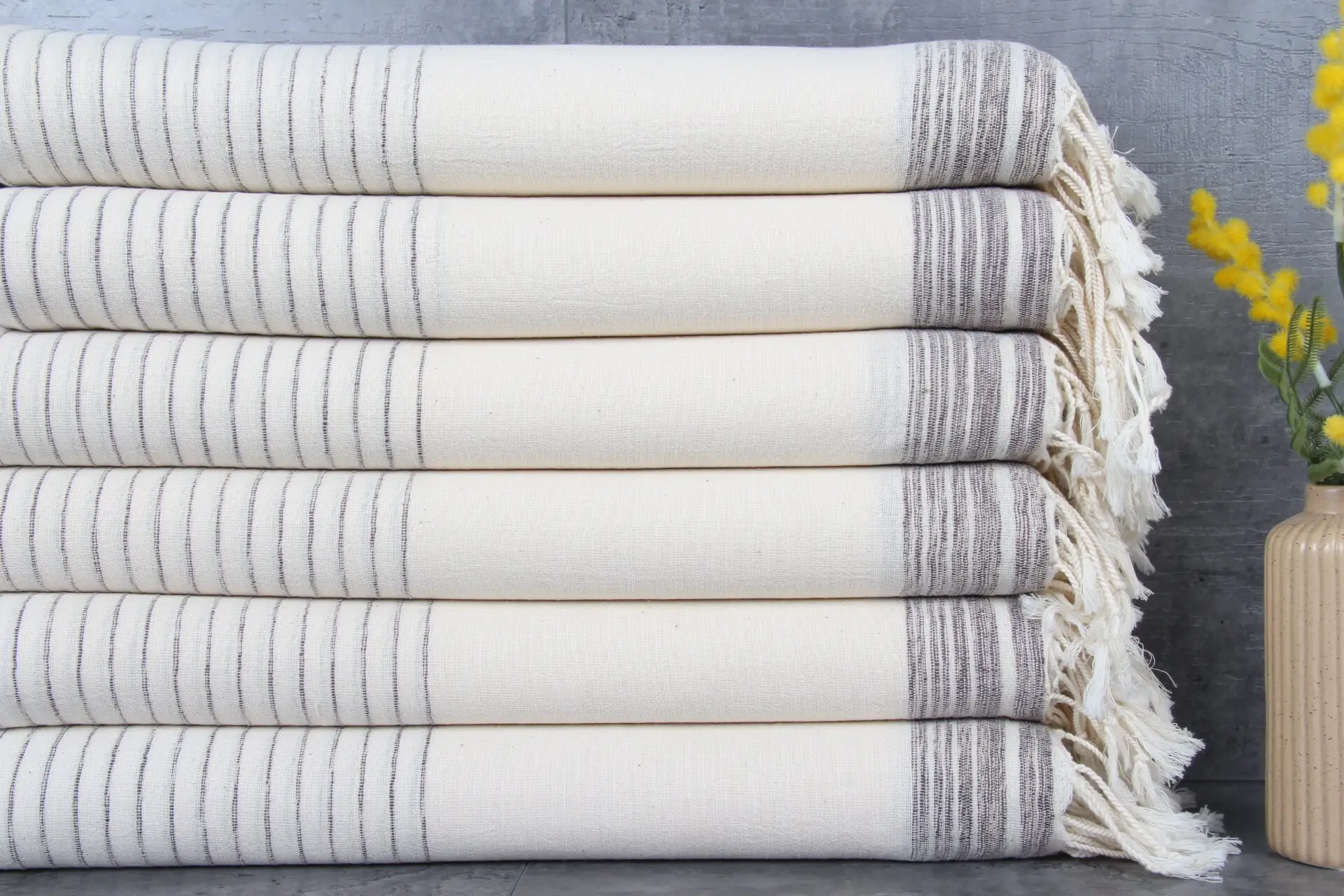 Turkish Beach Towel Organic Cotton Brown Stripes, Beige, 36x67 Inches - 1