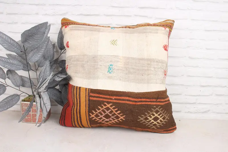 Cushion Case, 24x24 Beige Pillow Sham, Shabby Chic Pillow, Turkish Pillow, Vintage Pillow, Boho Pillow Sham Cover, Handmade Rug Seat Pillow Sham - 1