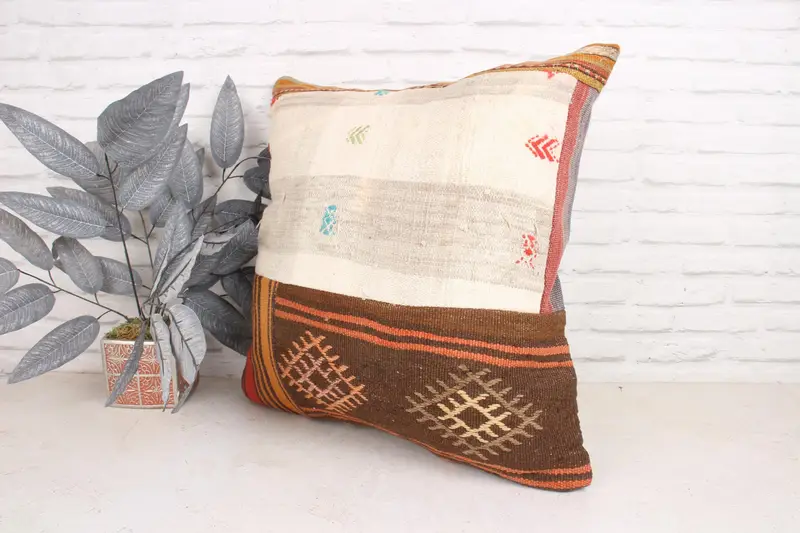 Cushion Case, 24x24 Beige Pillow Sham, Shabby Chic Pillow, Turkish Pillow, Vintage Pillow, Boho Pillow Sham Cover, Handmade Rug Seat Pillow Sham - 4