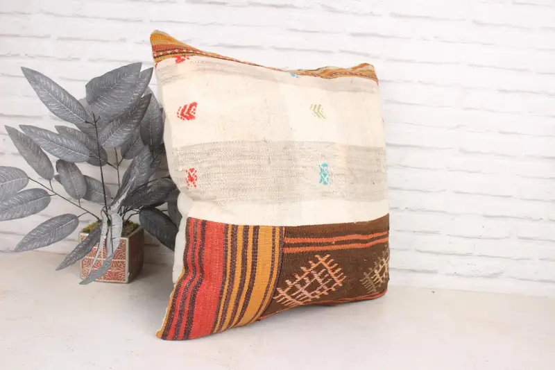 Cushion Case, 24x24 Beige Pillow Sham, Shabby Chic Pillow, Turkish Pillow, Vintage Pillow, Boho Pillow Sham Cover, Handmade Rug Seat Pillow Sham - 3