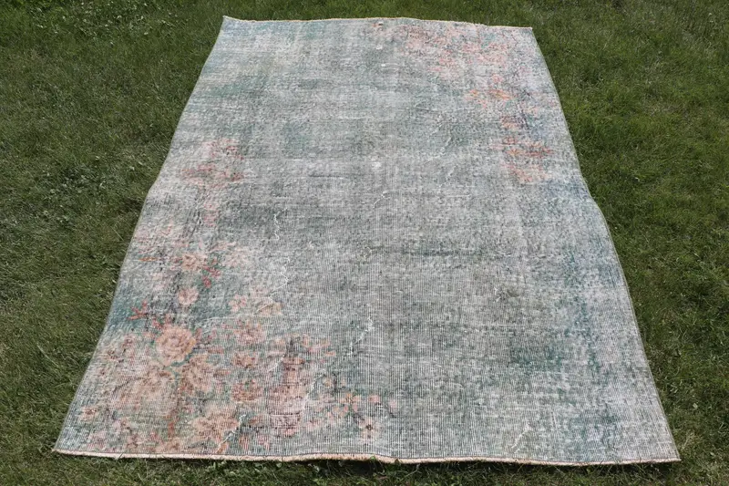 Green & Beige Patchwork Rug, 4,6x6,6 ft Chic Decor
