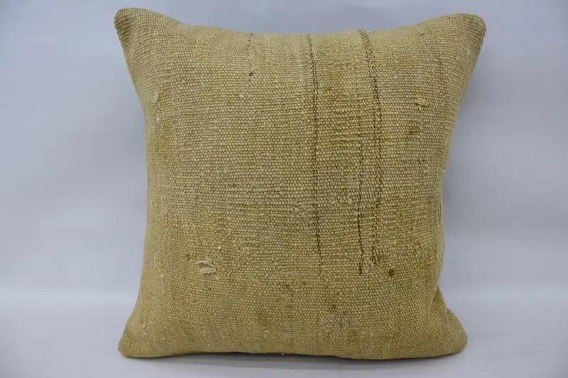 Plaid Beige Vintage Cushion, Antique 16x16 inch Wool Euro Sham - 1