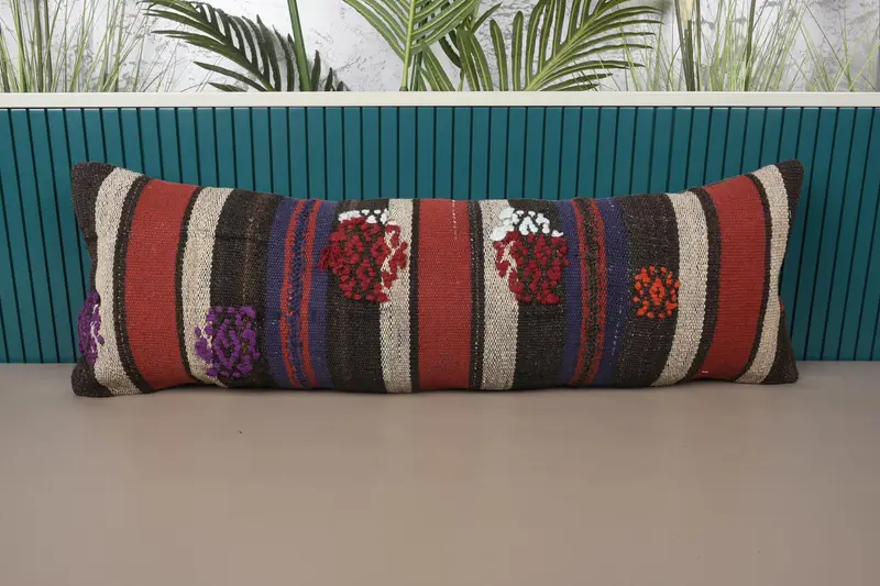 Rotes Leinen-Wurfkissen, 12x36 besticktes Patchwork-Kissen