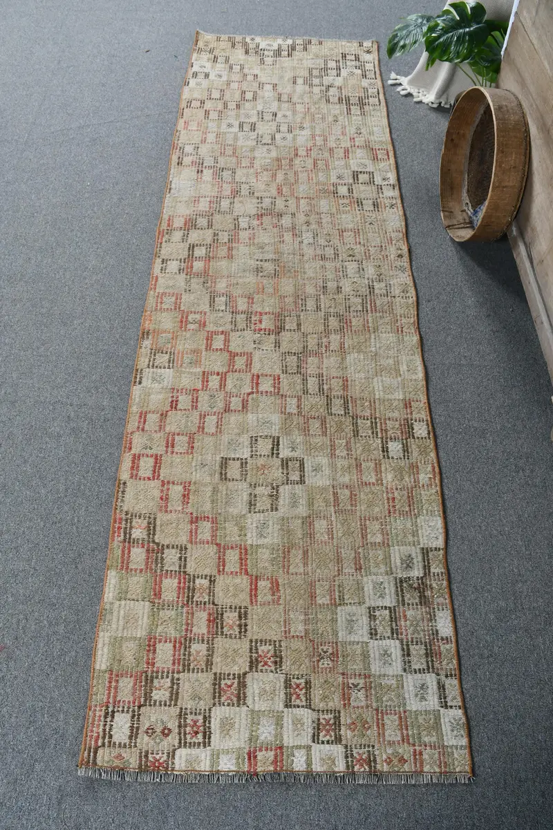 Alfombra verde y roja, diseño floral geométrico de 2,3x8 pies