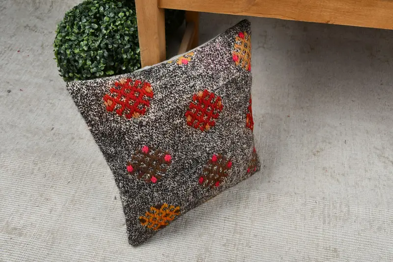 Office Chair Cushion Cover, Turkish Corner Pillow, Pillow for Sofa, Cushion Case, Boho Pillow, Vintage Kilim Pillow, 14x14 Brown Pillow Case - 7
