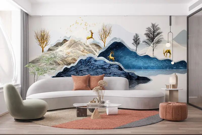 Gold Wall Painting, Abstract Wall Painting, Deer Wall Poster, Abstract Mountain Wall Decor, Golden Deer Wall Mural, Tree Wall Paper, - 8