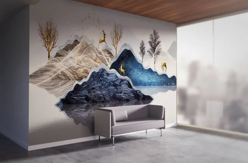 Gold Wall Painting, Abstract Wall Painting, Deer Wall Poster, Abstract Mountain Wall Decor, Golden Deer Wall Mural, Tree Wall Paper, - 2