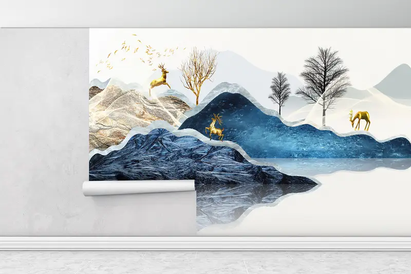 Gold Wall Painting, Abstract Wall Painting, Deer Wall Poster, Abstract Mountain Wall Decor, Golden Deer Wall Mural, Tree Wall Paper, - 1