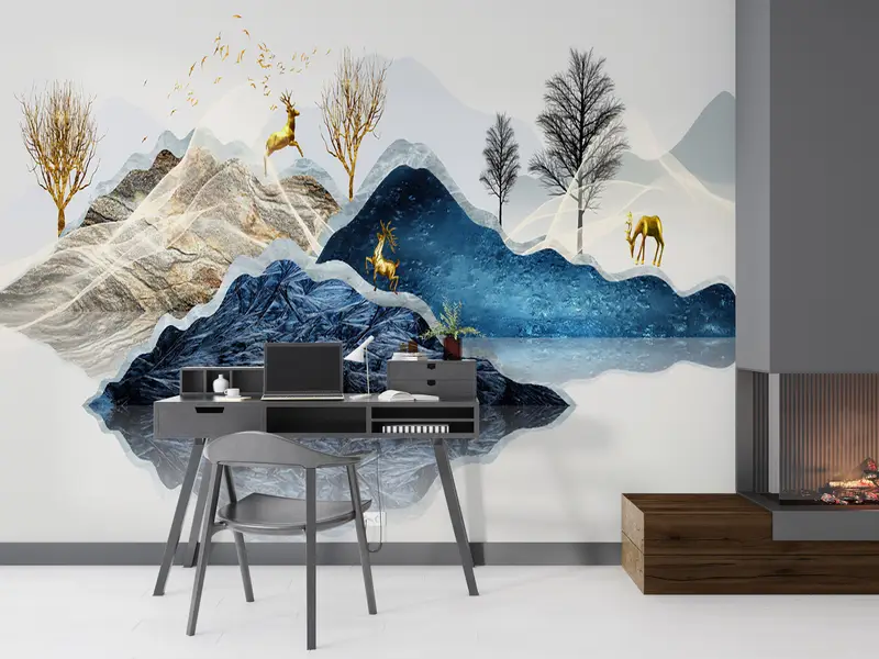 Gold Wall Painting, Abstract Wall Painting, Deer Wall Poster, Abstract Mountain Wall Decor, Golden Deer Wall Mural, Tree Wall Paper, - 6