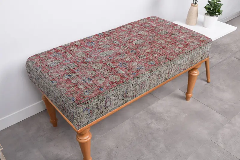 Modular Ottoman with Kilim-Inspired Pattern, Red & Gray Wool Blend Ottoman