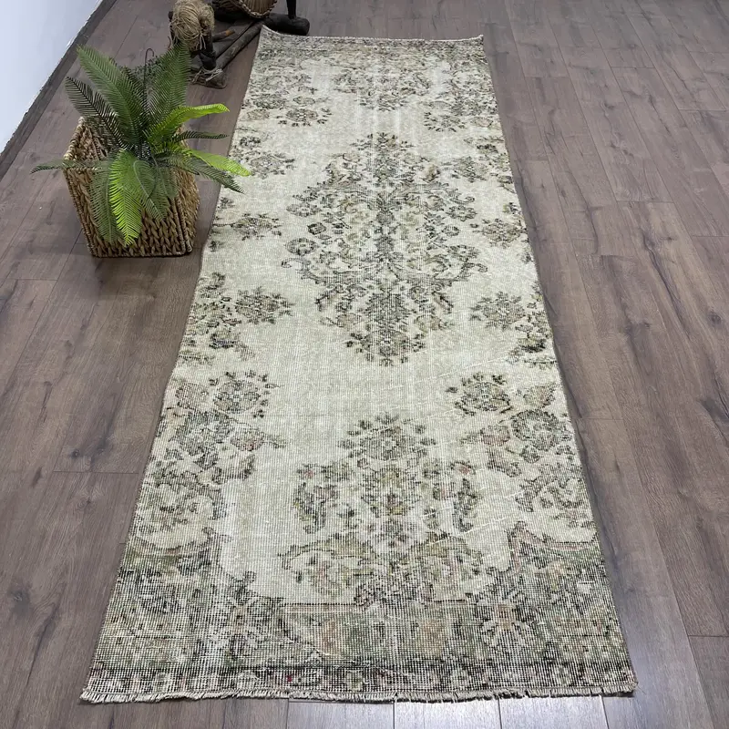 3.3x9.3 ft Oushak Rug, Turkish Vintage Rug, Gray Green Bordered Rug - 1