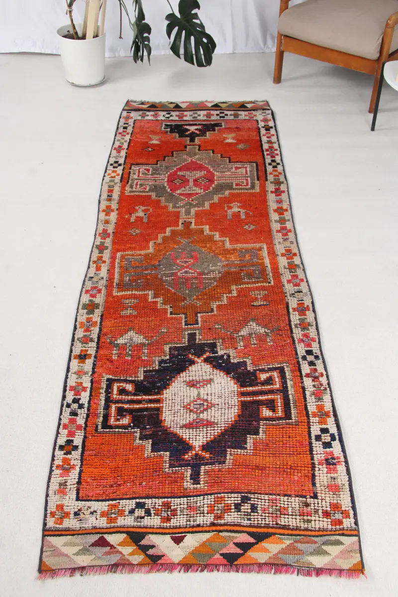 Vintage Türk Yolluk Halısı 2.8x9.2 ft, Kırmızı Mavi Oryantal Halı - 1