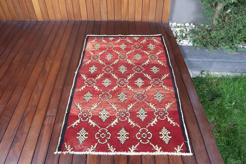 Türk 3.2x5.1 ft Accent Halı, Vintage Halı, Oushak Kırmızı Kamuflaj Halı - 1