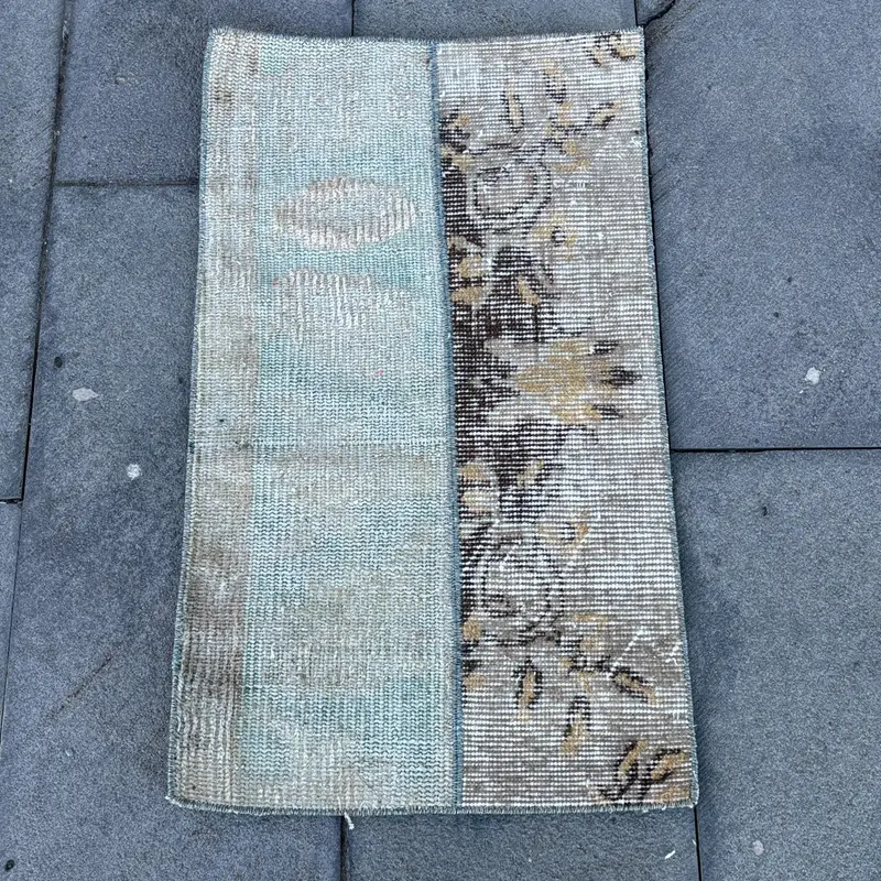 Turkish Vintage Small Rug 1.8x2.6 ft, Blue Brown Patchwork Rug - 1