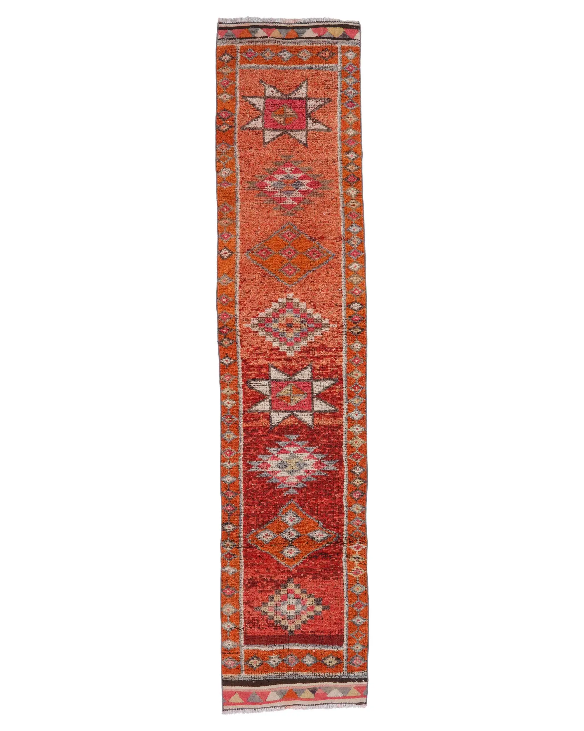 Turkish Vintage Rug, 2.4x11.1 ft Runner Rug, Red White Animal Print Wool Rug - 1