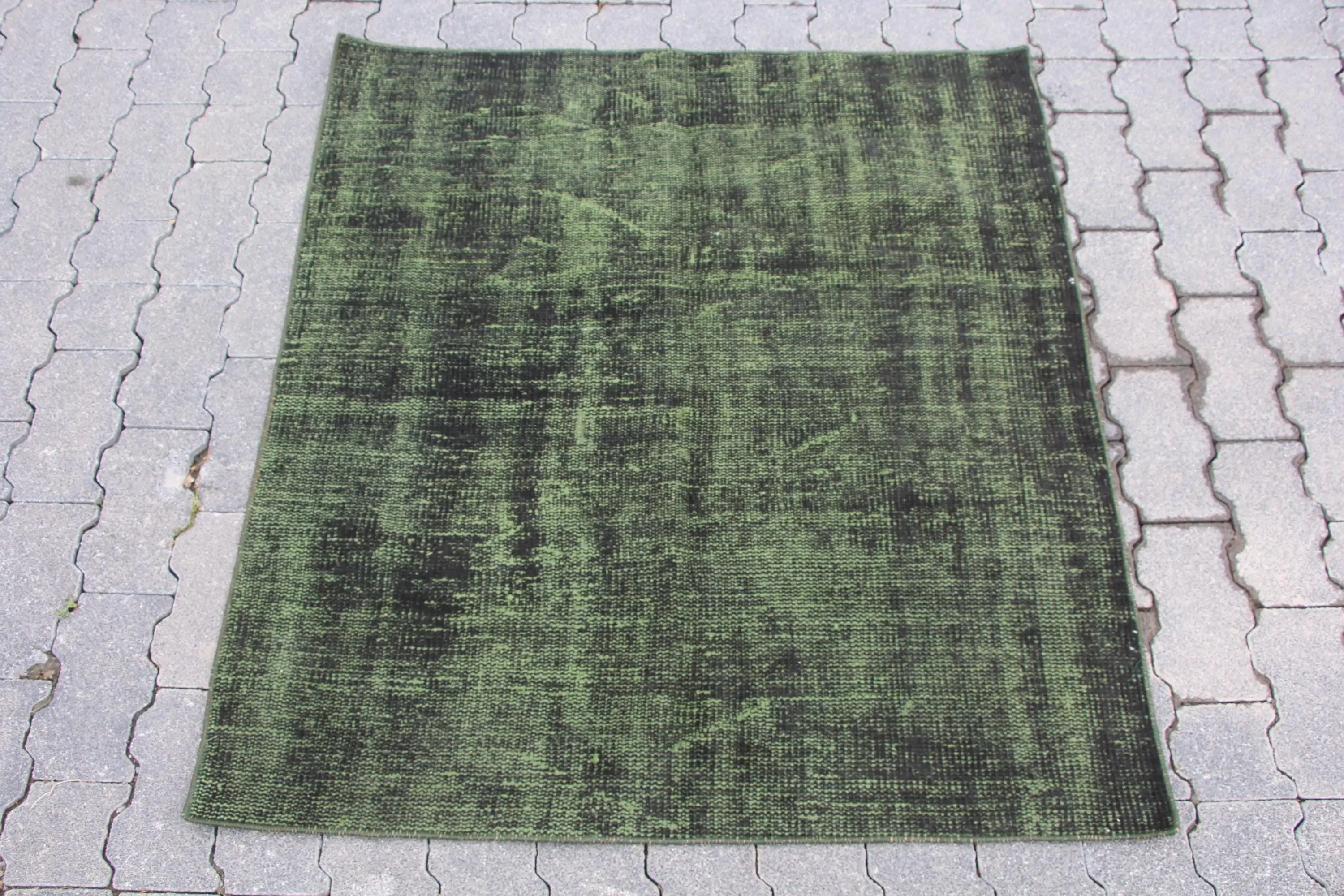 Turkish Vintage Rug, Small 3.3x3.6 ft (100x110 cm) Rug, Green Solid Wool Rug - 1