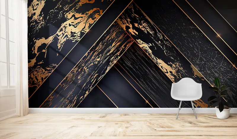 Elegante, moderne, abstrakt bedruckte Tapete in Schwarz und Gold