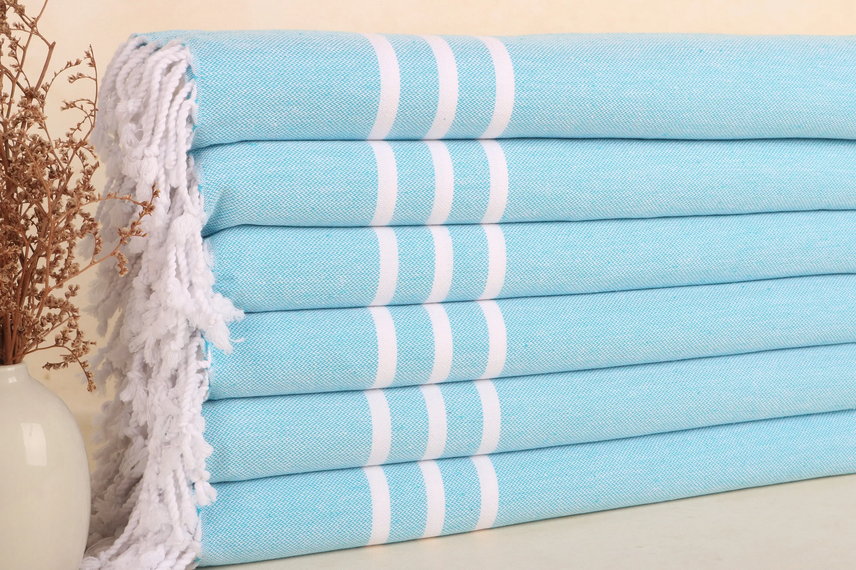 Turkish Tea Towel Turquoise Cotton Striped, 20x40 Inches - 1