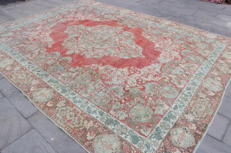 Turkish Vintage Rug 9.3x12.4 ft (284x377 cm), Oushak Red Wool Rug - 1