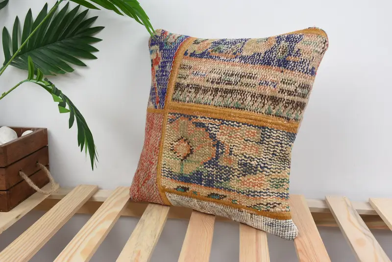 Ethnical Kilim Rug Pillow, Boho Pillow Sham Cover, Pillow Sham, 14x14 Blue Cushion Case, Sofa Bolster Cushion Case, Turkish Kilim Pillow - 5