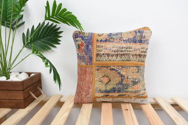 Ethnical Kilim Rug Pillow, Boho Pillow Sham Cover, Pillow Sham, 14x14 Blue Cushion Case, Sofa Bolster Cushion Case, Turkish Kilim Pillow - 1