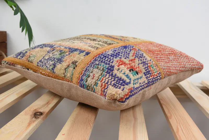 Ethnical Kilim Rug Pillow, Boho Pillow Sham Cover, Pillow Sham, 14x14 Blue Cushion Case, Sofa Bolster Cushion Case, Turkish Kilim Pillow - 6