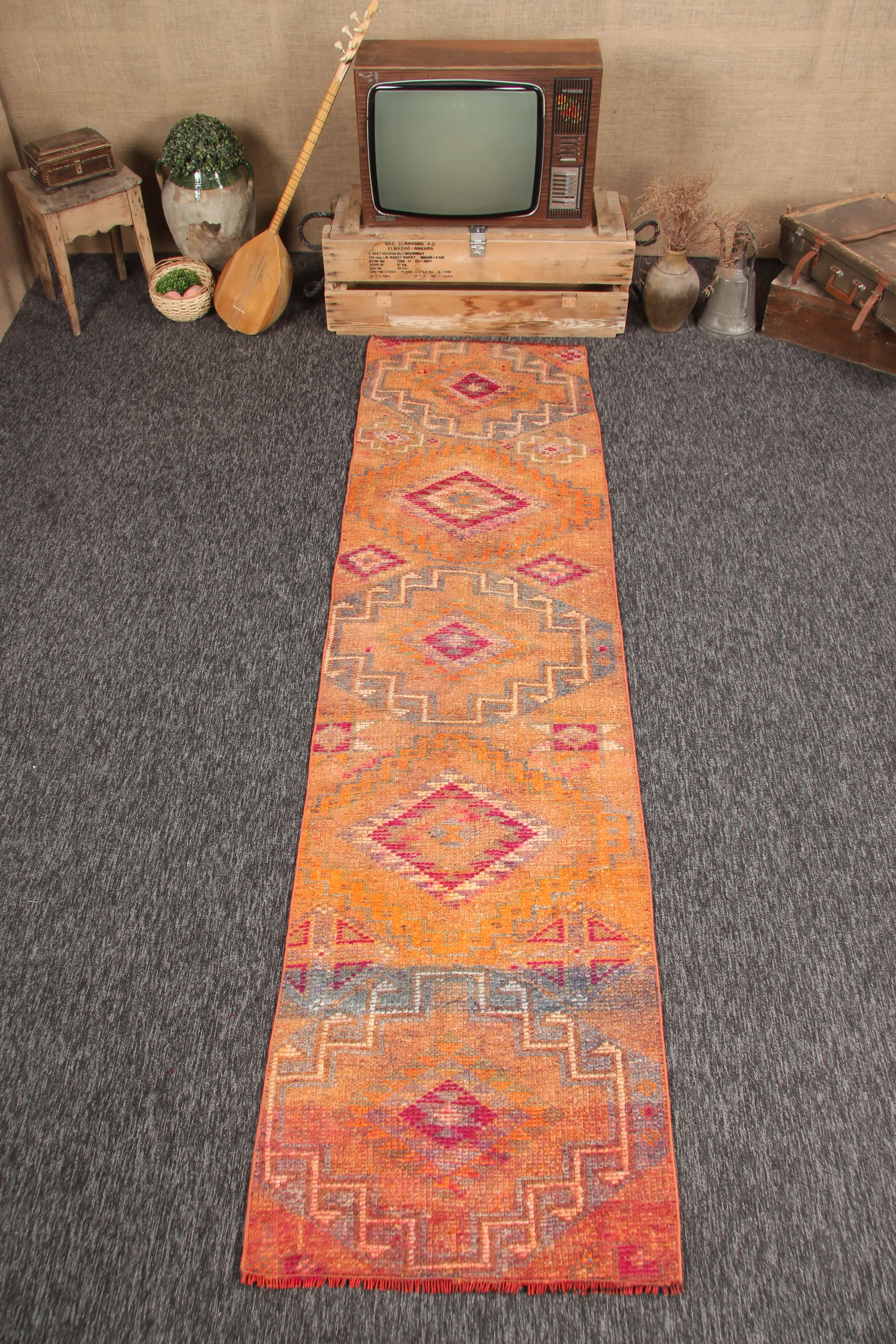 2.4x9.1 ft Turkish Rug, Small Vintage Rug, Orange Geometric Rug - 1